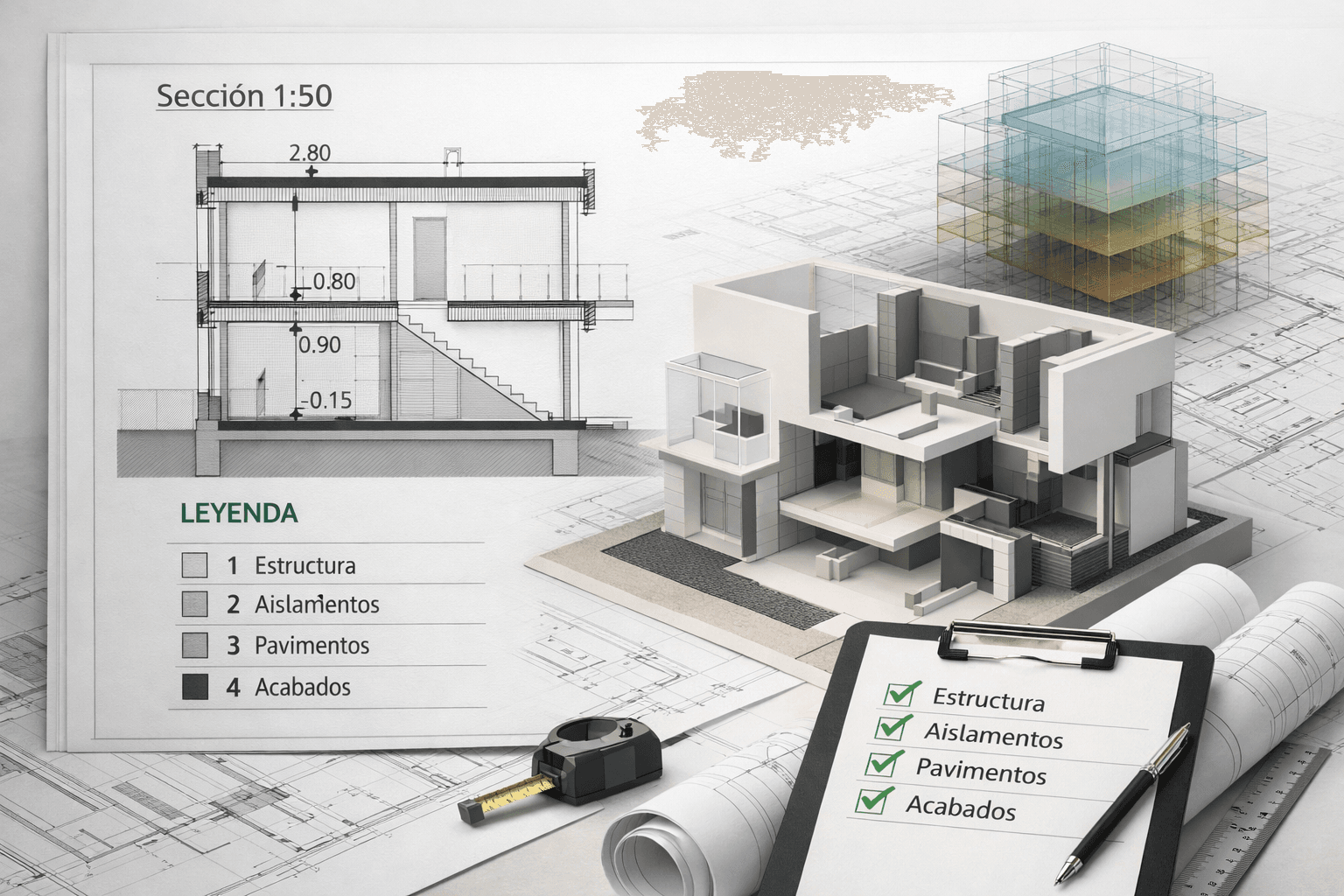 Imagen principal del artículo: Sección 1:50 que cierra el proyecto: checklist de capas, cotas y leyendas