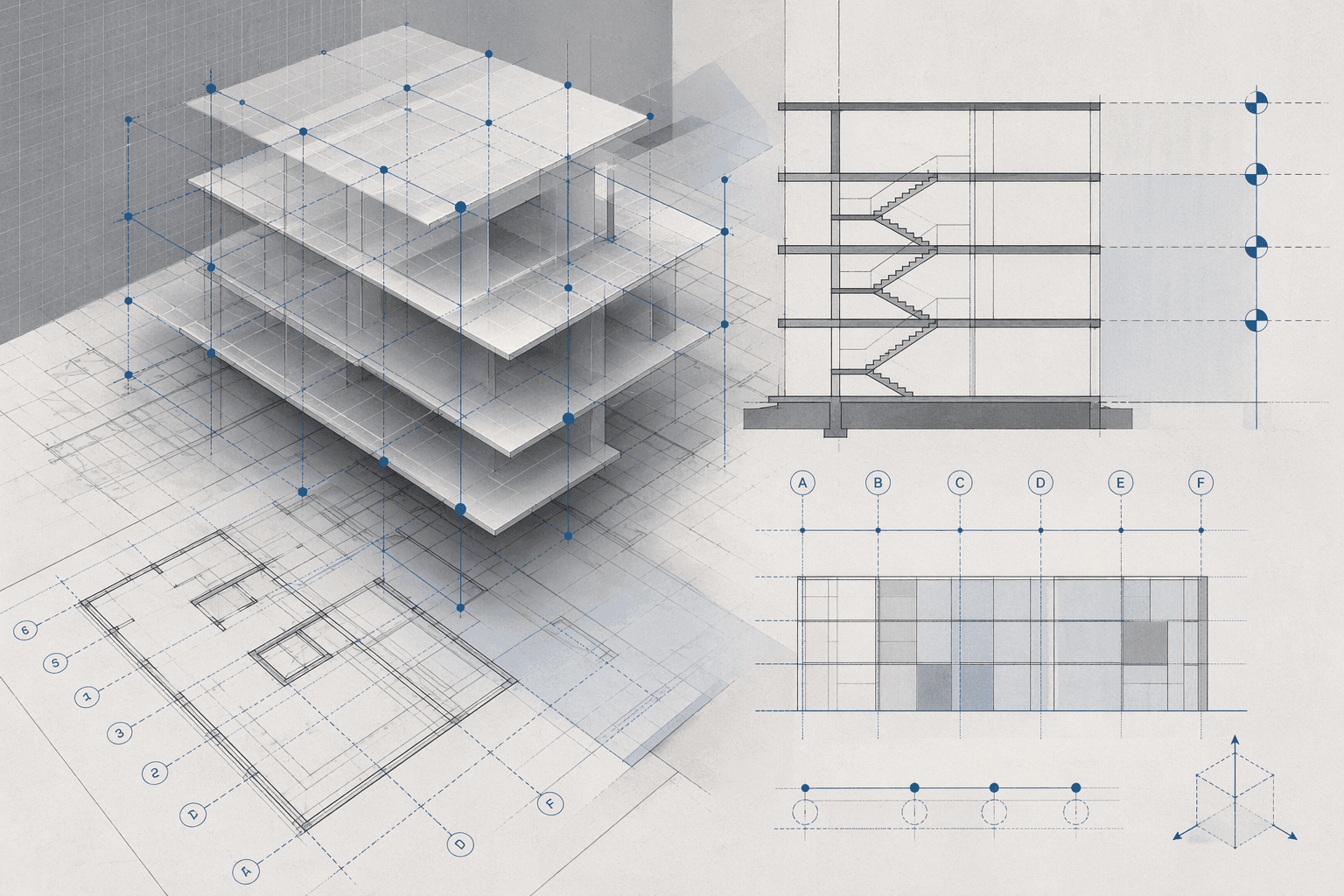 Imagen principal del artículo: Niveles y ejes en BIM: playbook mínimo para que plantas y secciones no “bailen”
